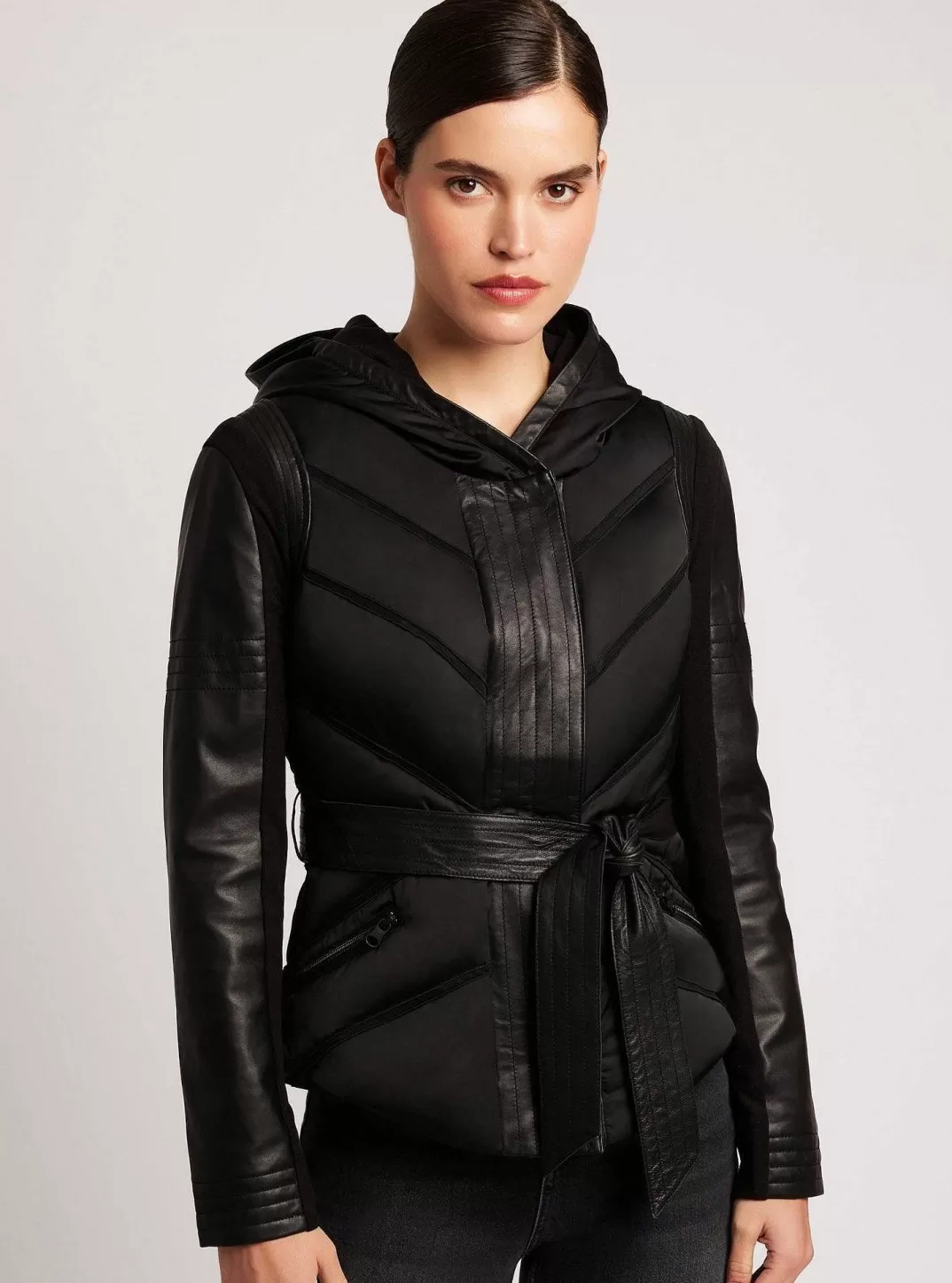 Blanc Noir Doudoune A Capuche Avec Insert En Maille - Remplie De Duvet^Femmes Doudounes Et Manteaux