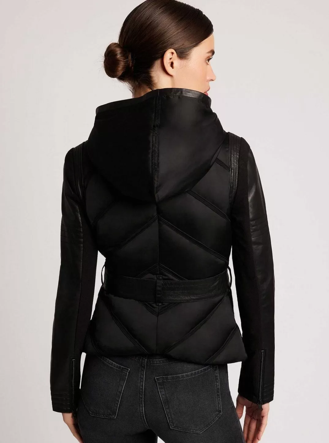 Blanc Noir Doudoune A Capuche Avec Insert En Maille - Remplie De Duvet^Femmes Doudounes Et Manteaux