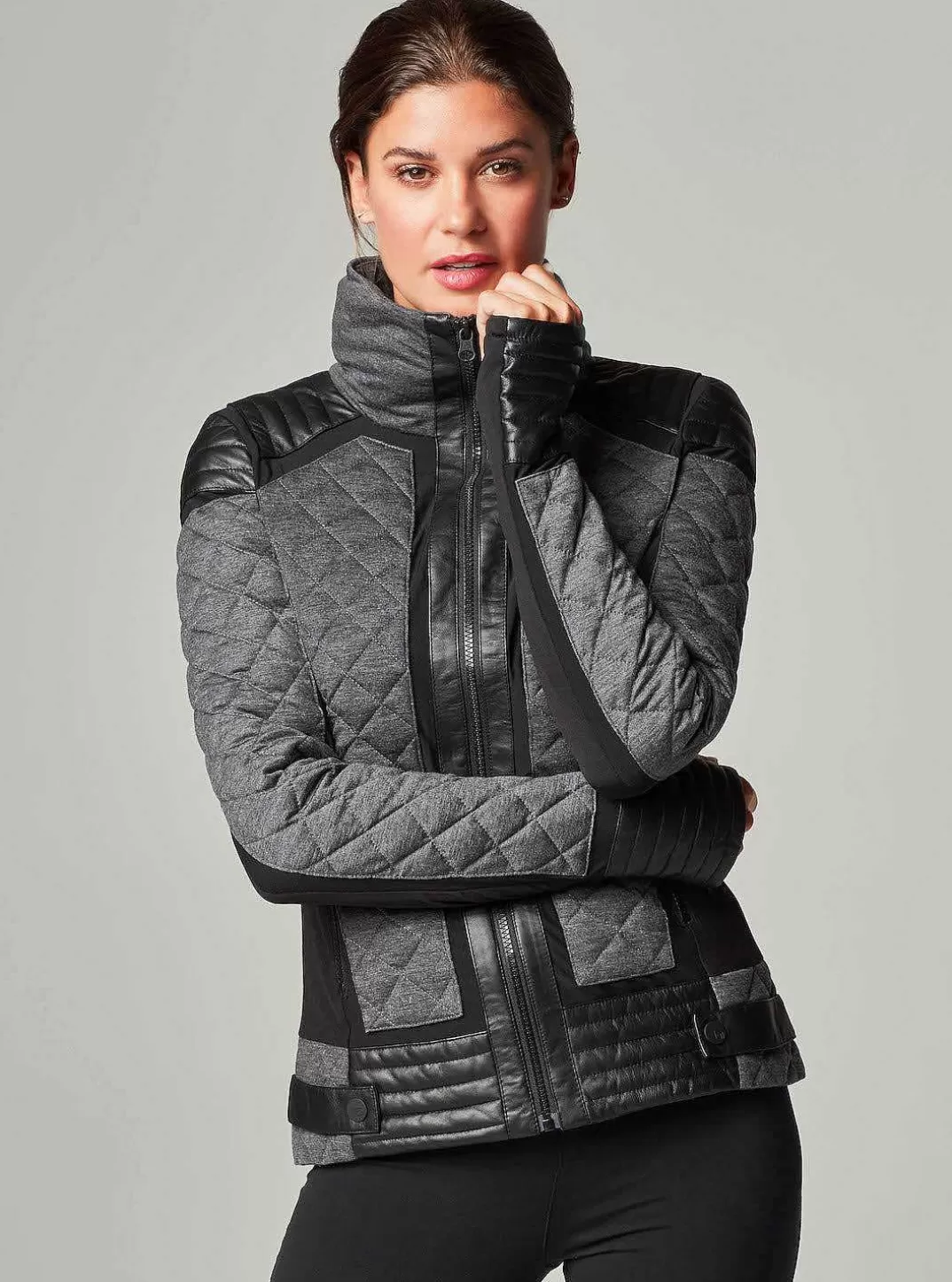 Blanc Noir Doudoune Moto A Empiecement En Maille - Remplie De Duvet^Femmes Doudounes Et Manteaux