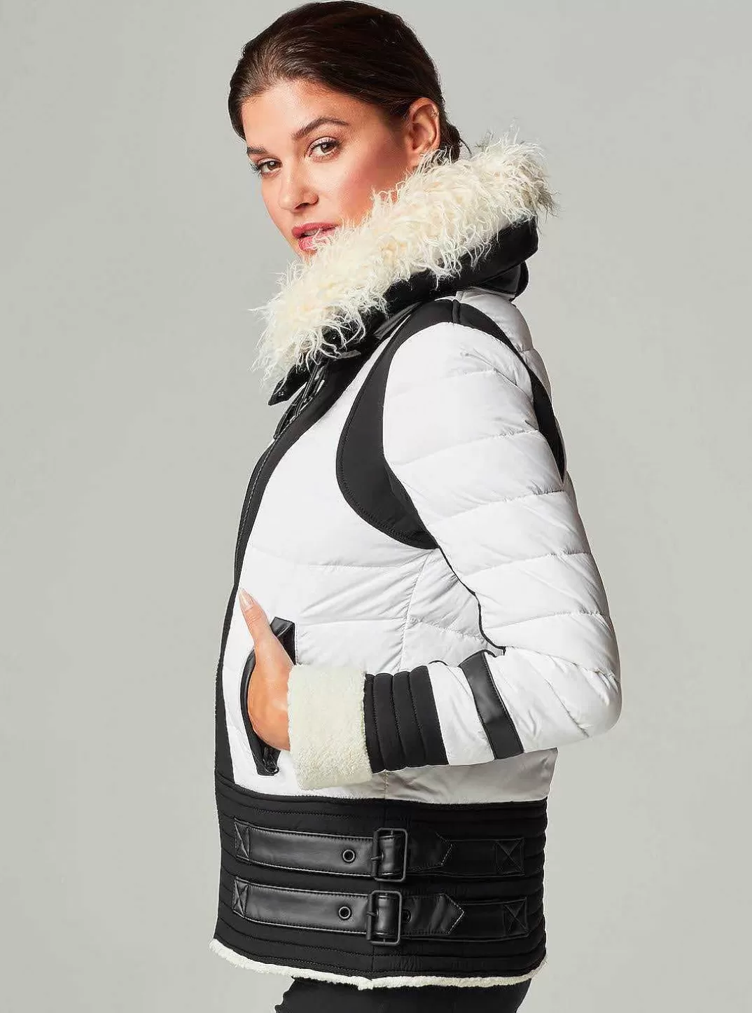 Blanc Noir Doudoune Moto Aviator - Remplie De Duvet^Femmes Doudounes Et Manteaux