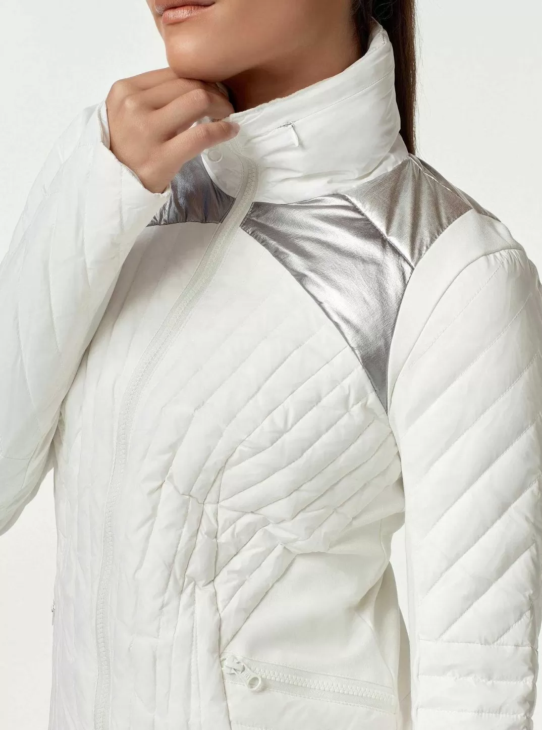 Blanc Noir Doudoune Zippee A Panneau De Mouvement Metallique - Remplie De Duvet^Femmes Doudounes Et Manteaux