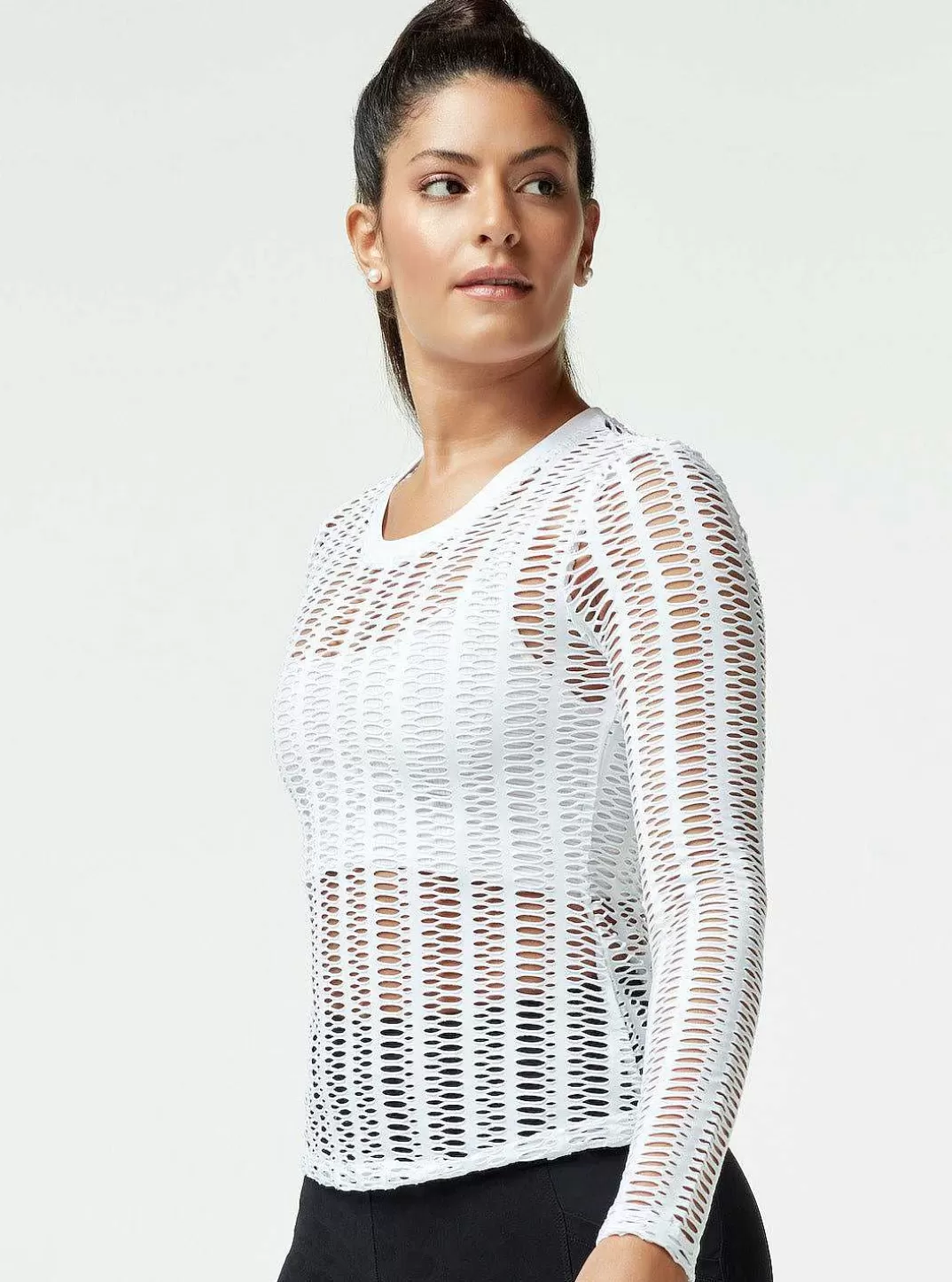 Blanc Noir Haut En Maille Lineaire A Manches Longues^Femmes Hauts