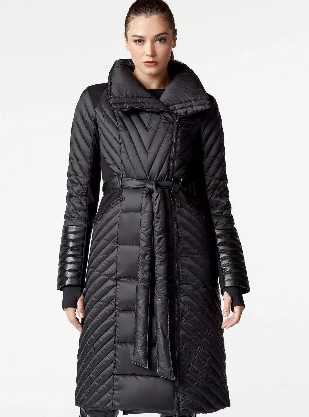 Blanc Noir Manteau Long Garni De Duvet A Panneaux Motion^Femmes Doudounes Et Manteaux