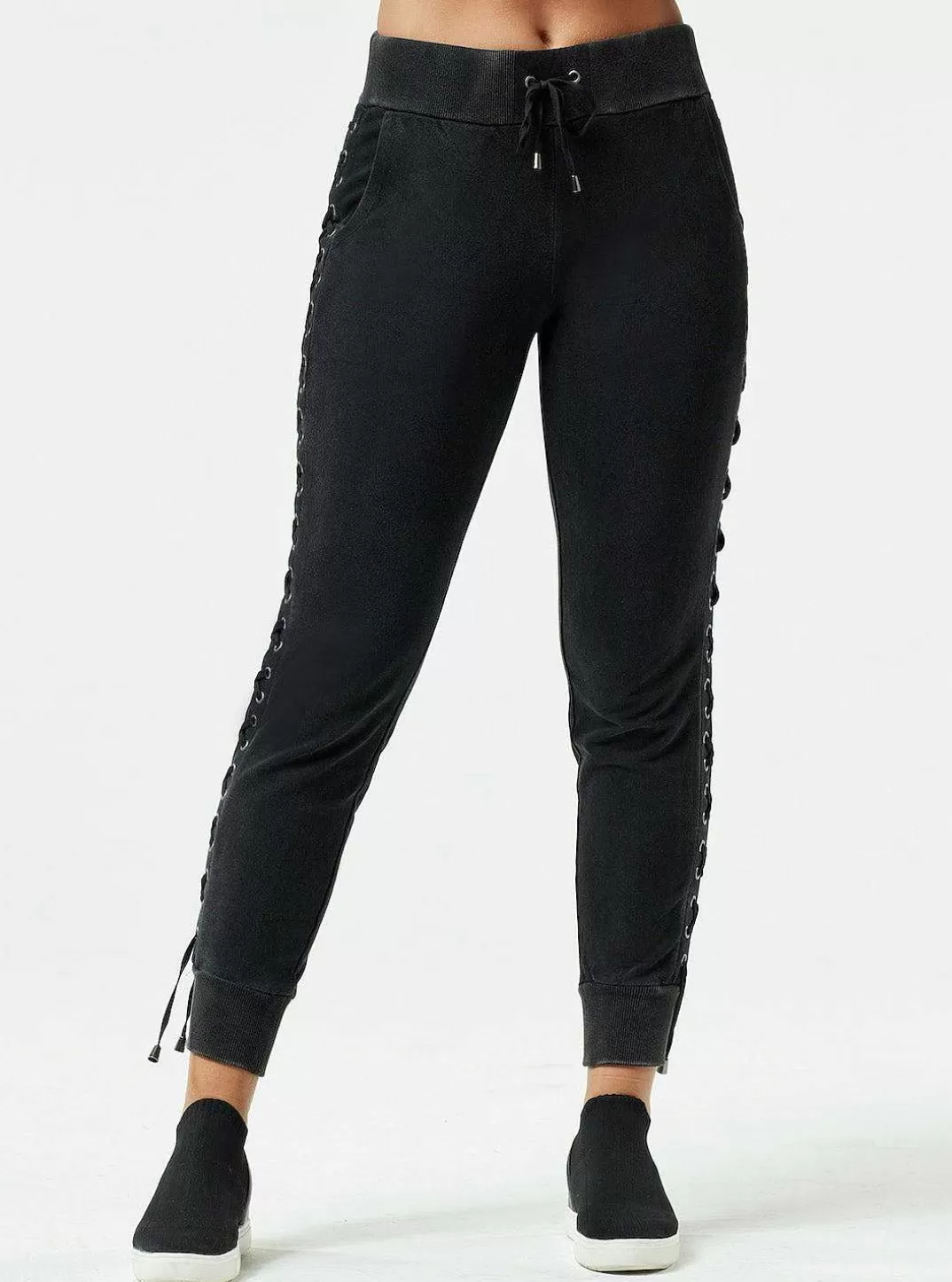 Blanc Noir Pantalon De Jogging A Lacets Et Delavage Vintage^Femmes Bas