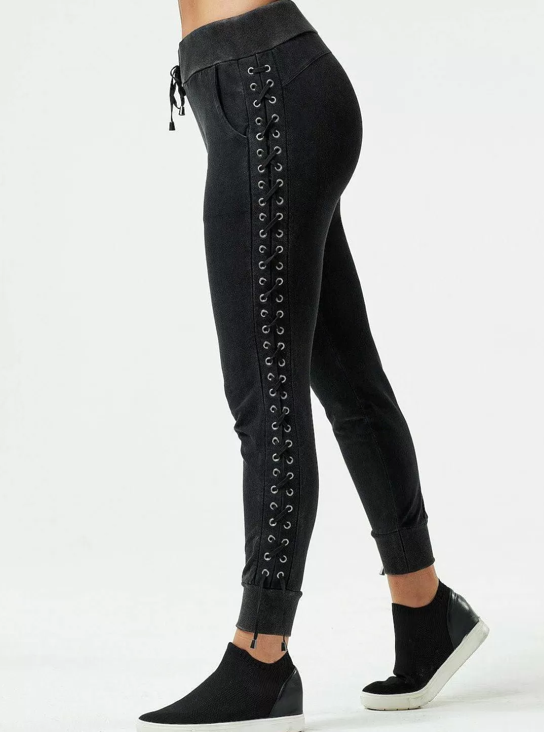 Blanc Noir Pantalon De Jogging A Lacets Et Delavage Vintage^Femmes Bas
