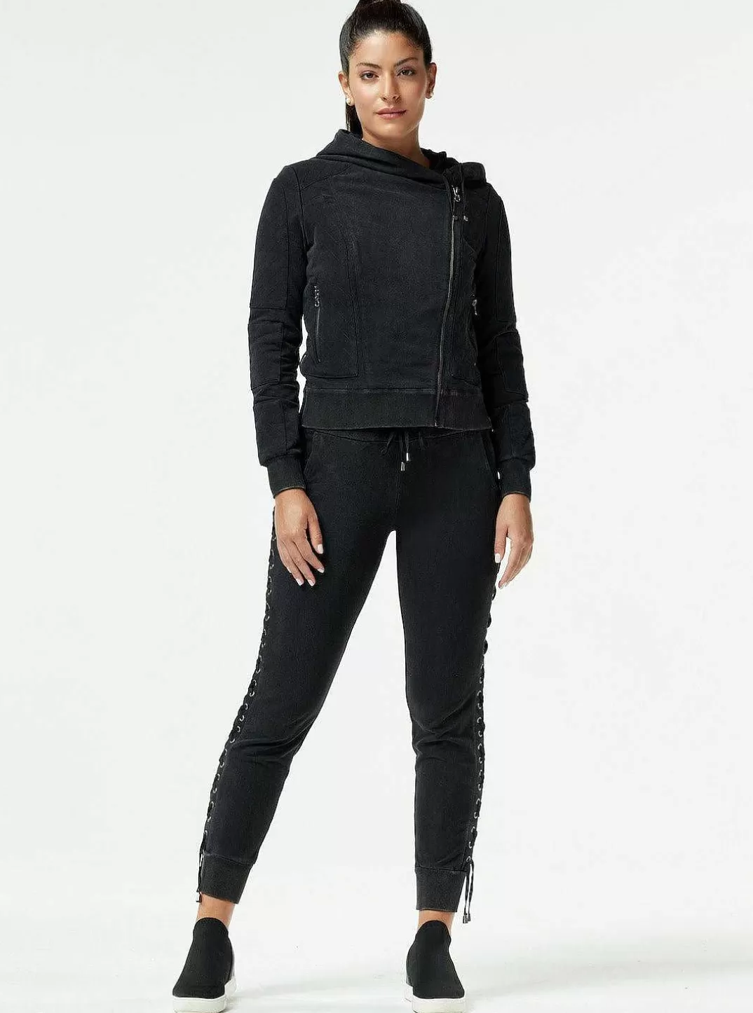 Blanc Noir Pantalon De Jogging A Lacets Et Delavage Vintage^Femmes Bas