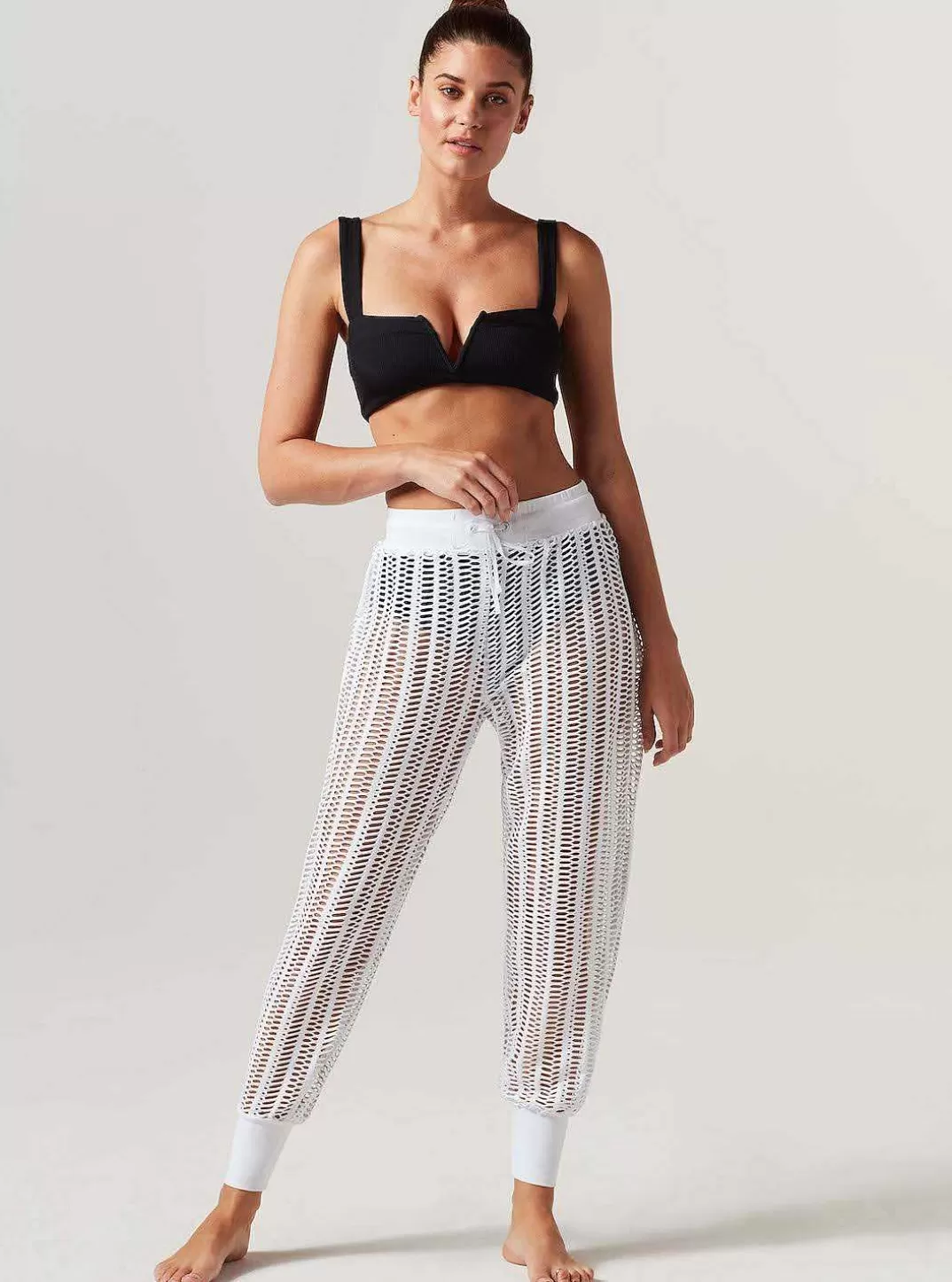 Blanc Noir Pantalon De Jogging En Maille Lineaire^Femmes Vêtements De Sport