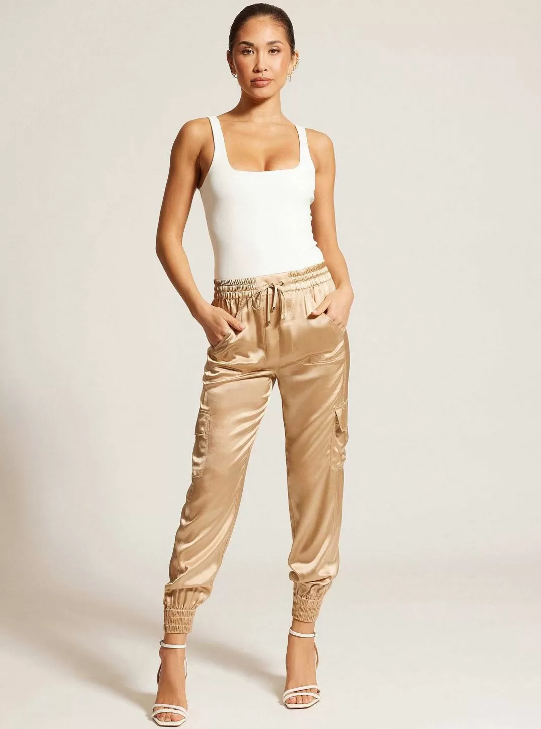 Blanc Noir Pantalon De Jogging En Soie Avec Bordures Dorees^Femmes Bas