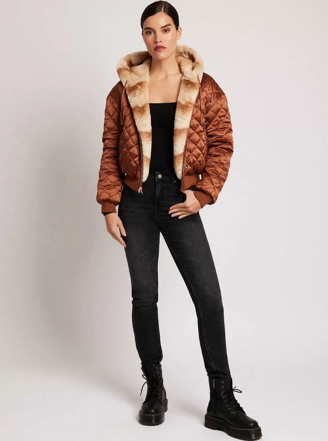 Blanc Noir Sweat A Capuche Reversible En Fausse Fourrure Amber^Femmes Doudounes Et Manteaux