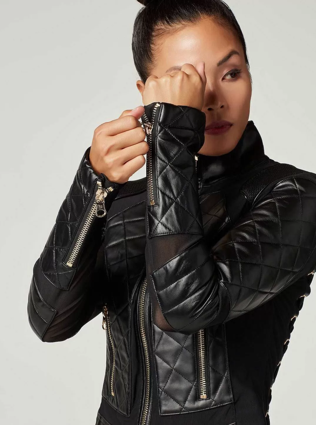 Blanc Noir Veste De Moto En Maille Avec Cuir Noir Et Bordures Dorees - Gold Collection^Femmes Motos