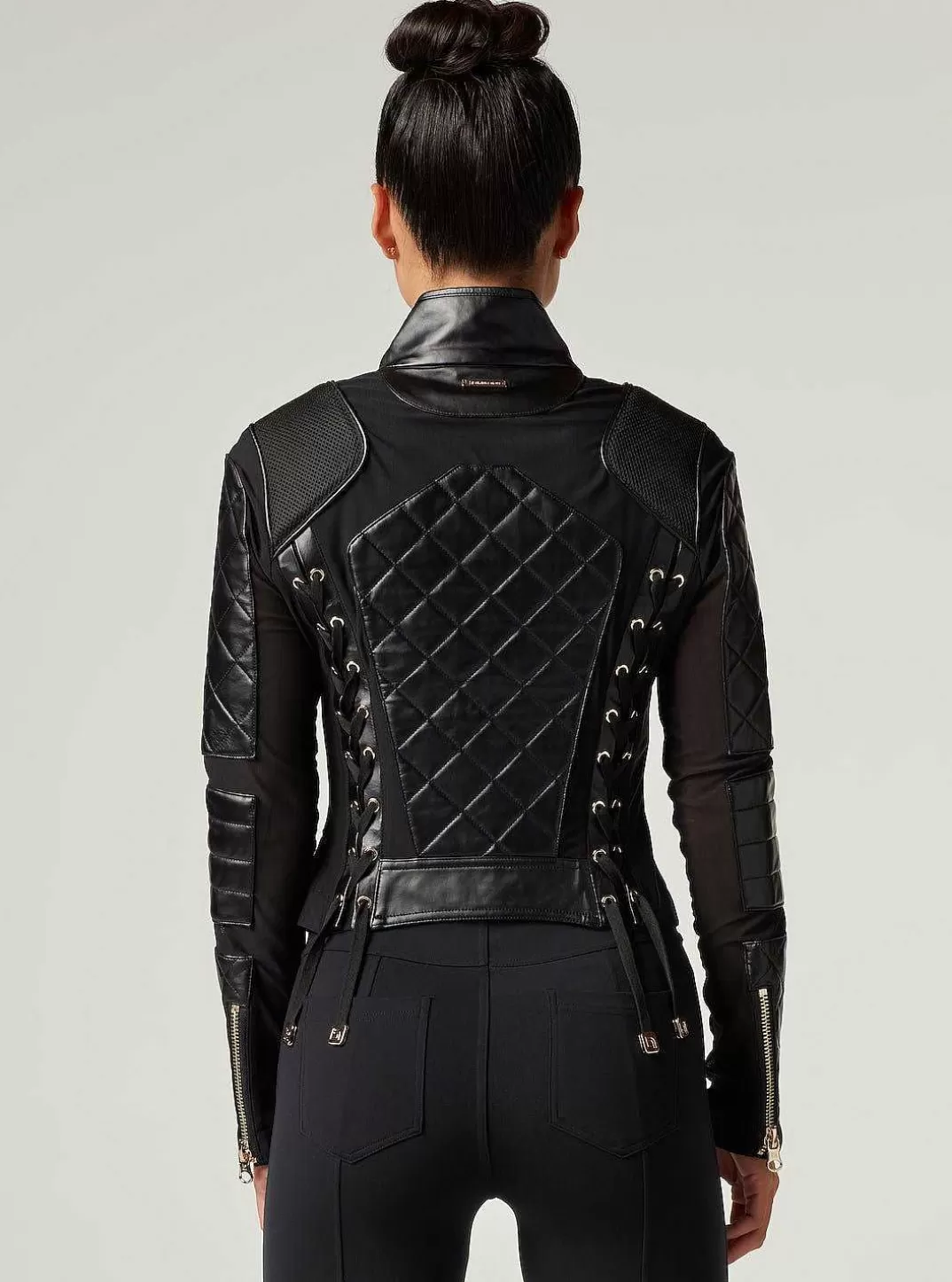 Blanc Noir Veste De Moto En Maille Avec Cuir Noir Et Bordures Dorees - Gold Collection^Femmes Motos