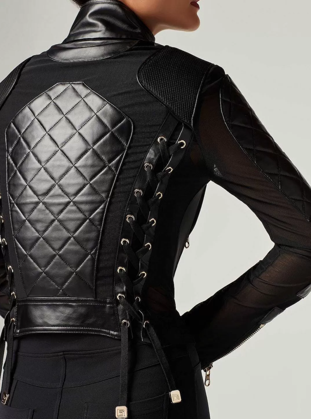Blanc Noir Veste De Moto En Maille Avec Cuir Noir Et Bordures Dorees - Gold Collection^Femmes Motos