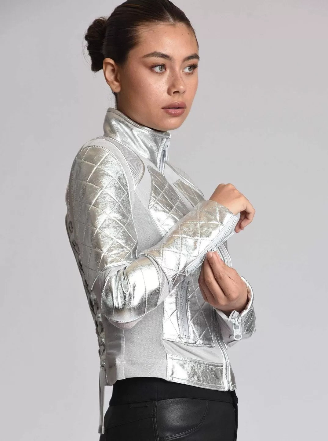 Blanc Noir Veste De Moto En Maille Metallisee^Femmes Motos