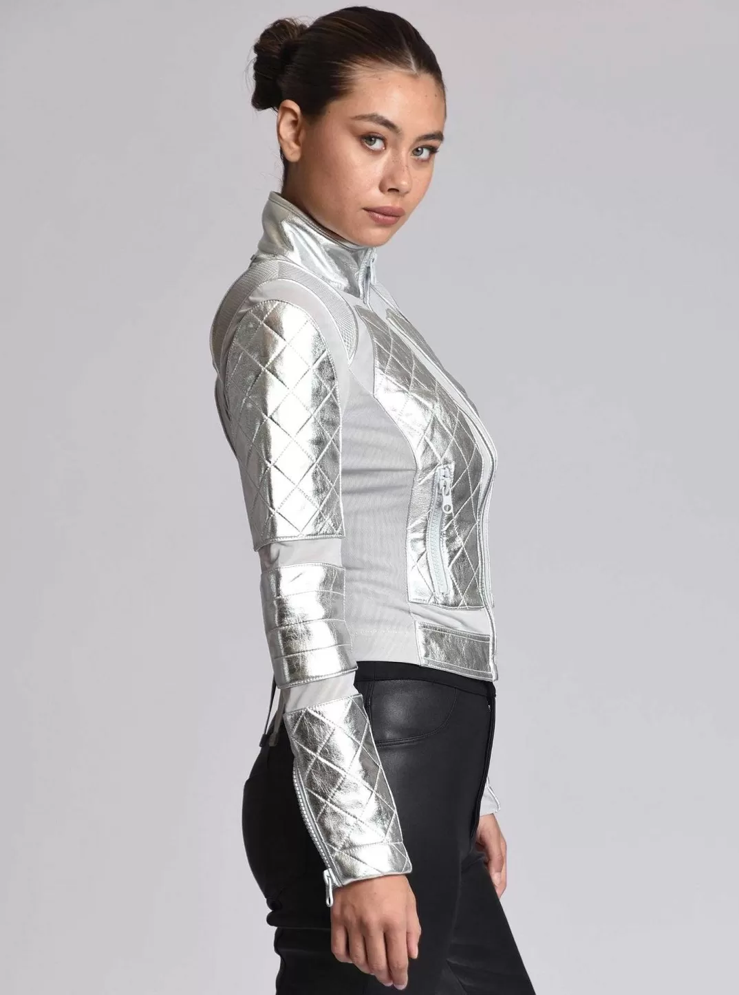 Blanc Noir Veste De Moto En Maille Metallisee^Femmes Motos