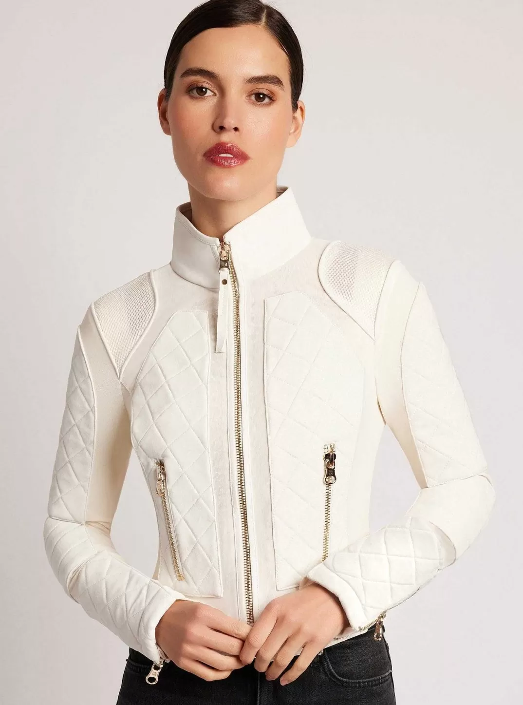 Blanc Noir Veste De Moto En Maille Suedee Avec Bordures Dorees^Femmes Motos