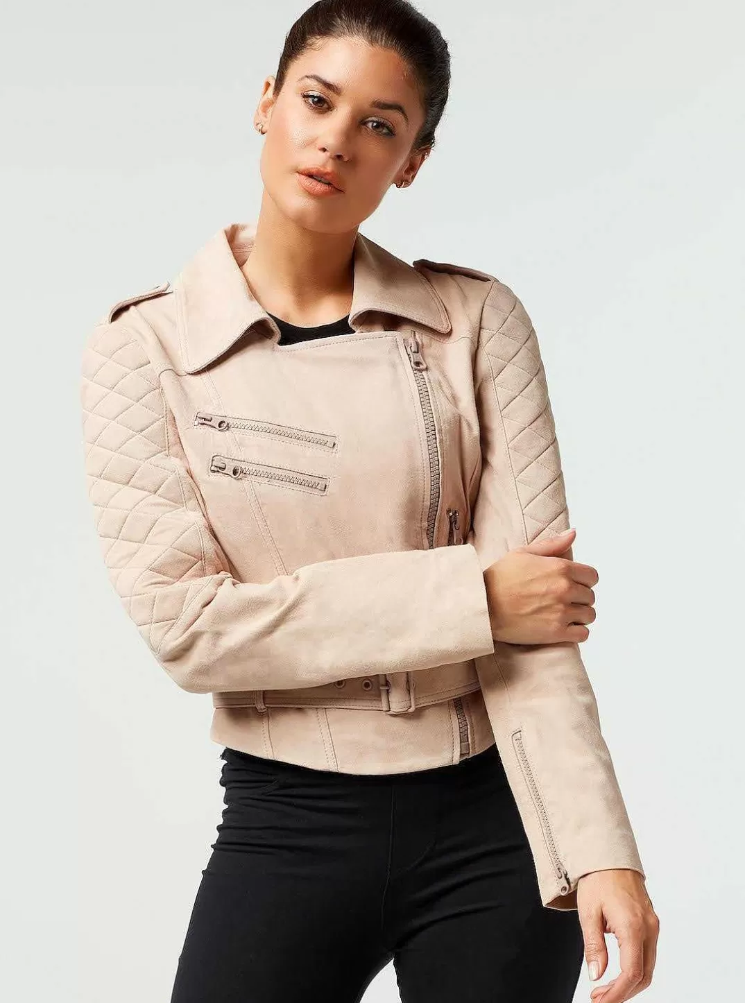 Blanc Noir Veste En Daim Sociale^Femmes Motos